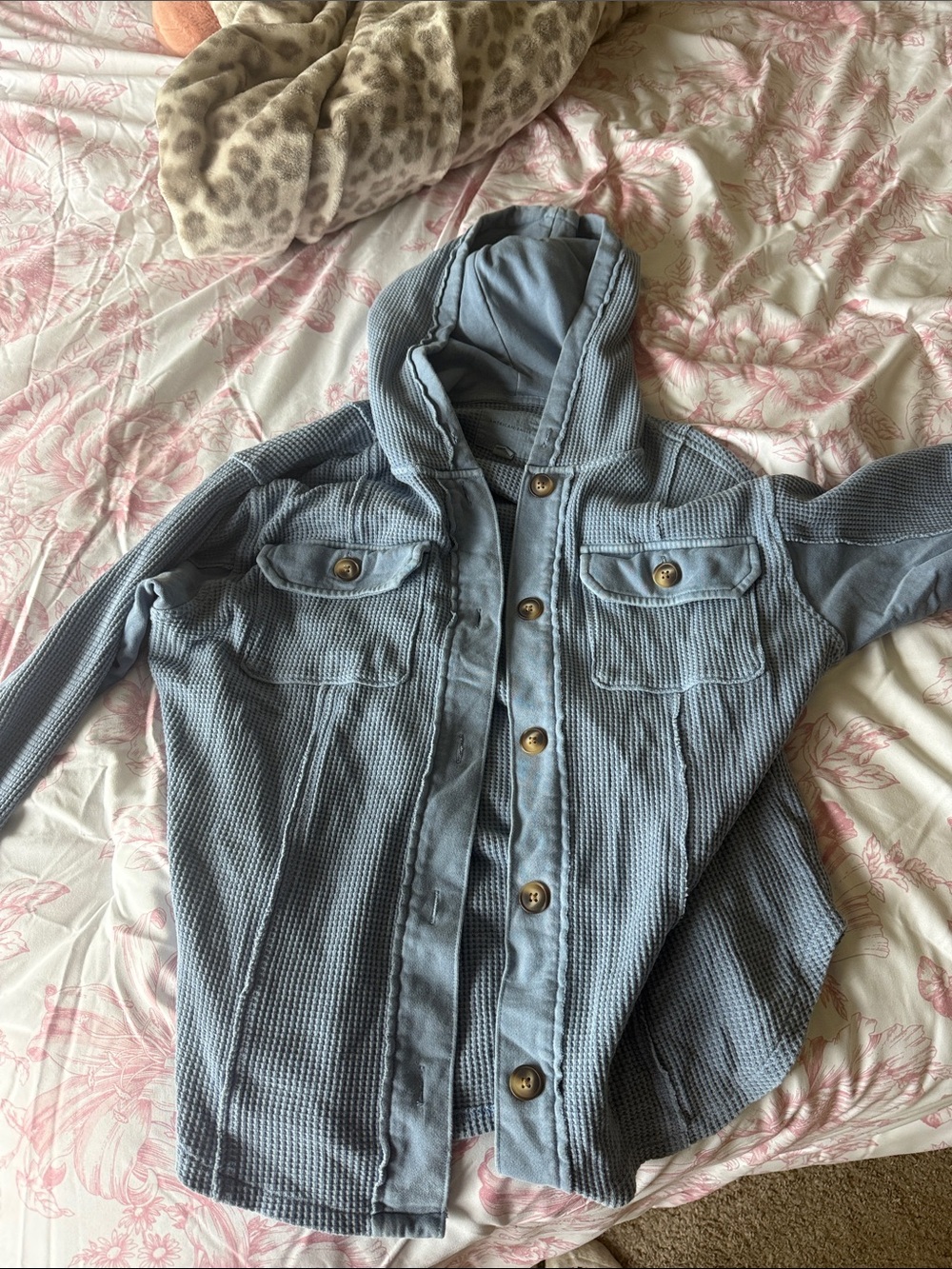 American Eagle Outfitters Light Blue Hooded Waffle Button-Up